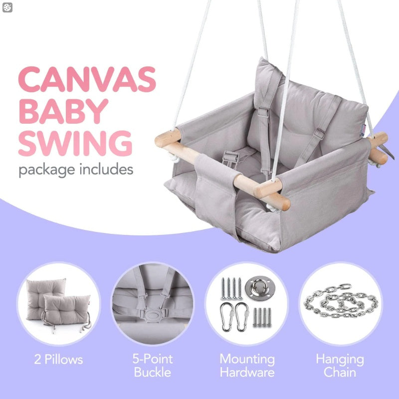 Canvas Baby Swing - Wooden Hanging Swing Seat with Safety Belt (Taupe Gray)