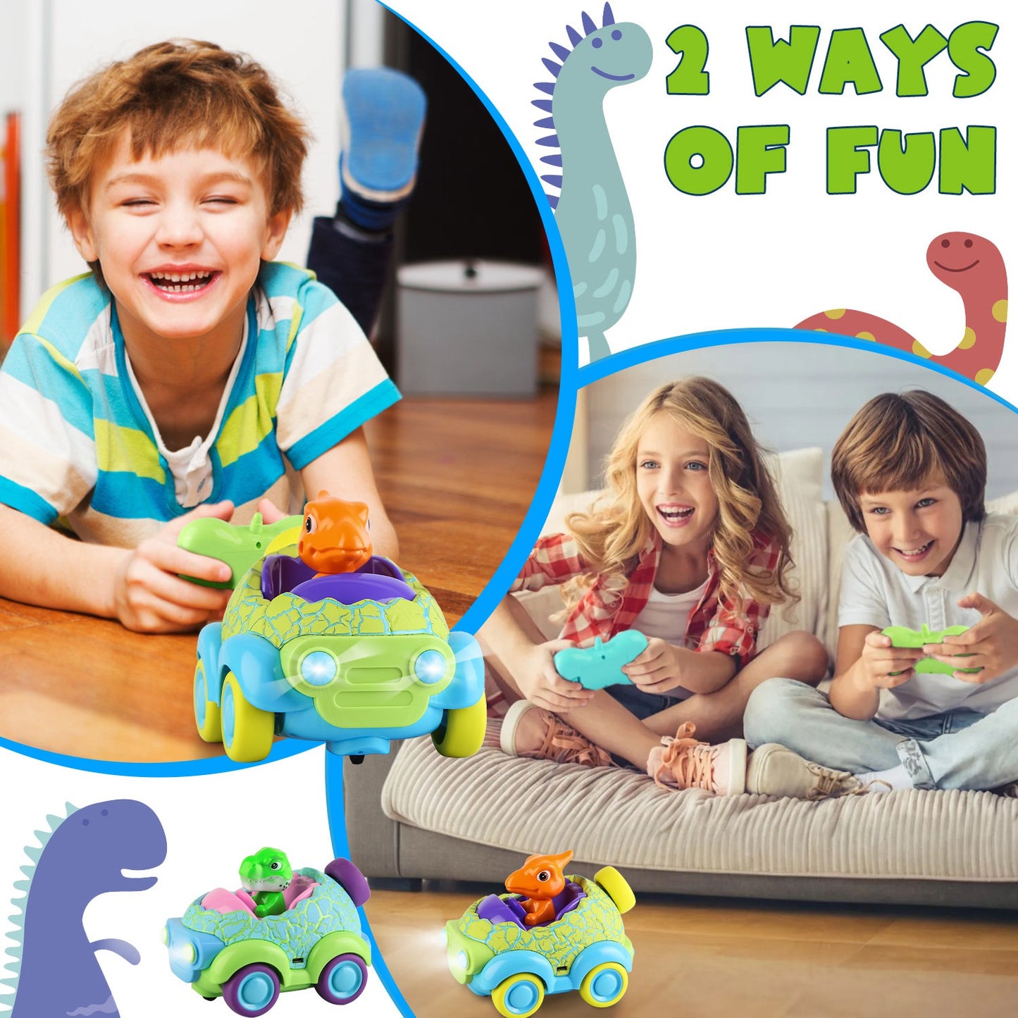 2-Pack Dinosaur RC Cars - Rechargeable Remote Control Cars with Lights & Music