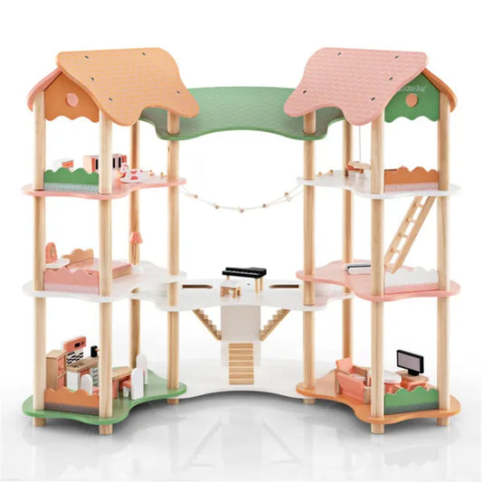 3-Tier Wooden Dollhouse with 7 Rooms & 31 Furniture Pieces