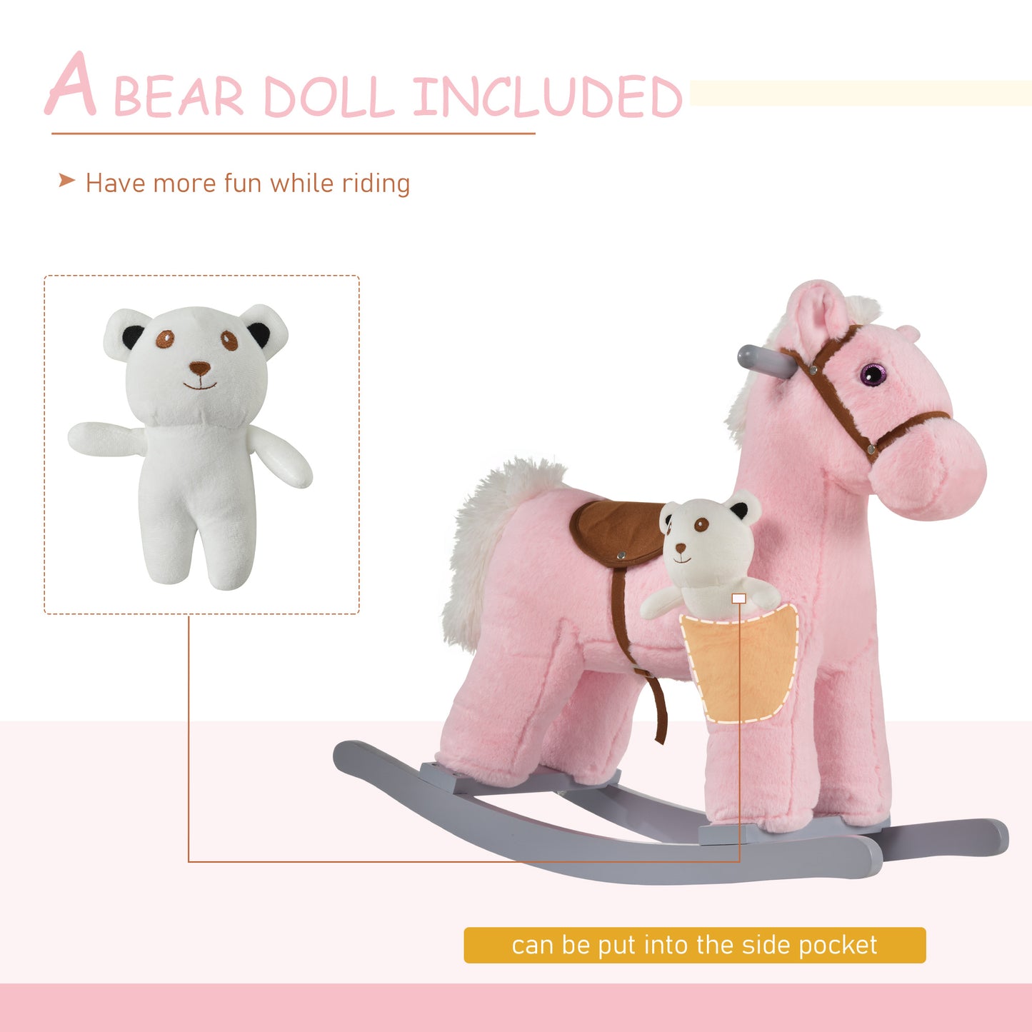Kids Plush Ride-On Rocking Horse - Pink Bear with Realistic Sounds