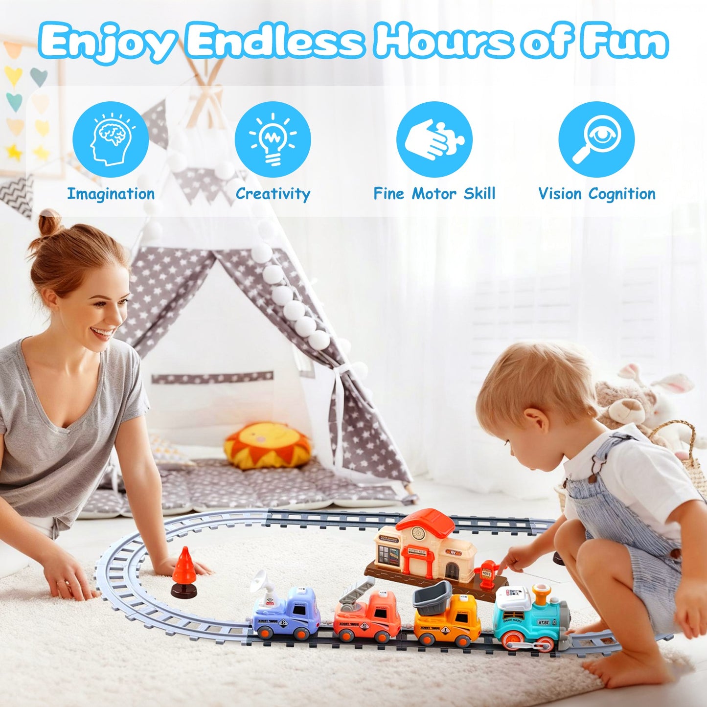 Electric Train Set with Smoke, Light & Sound - Magnetic Locomotive Toy
