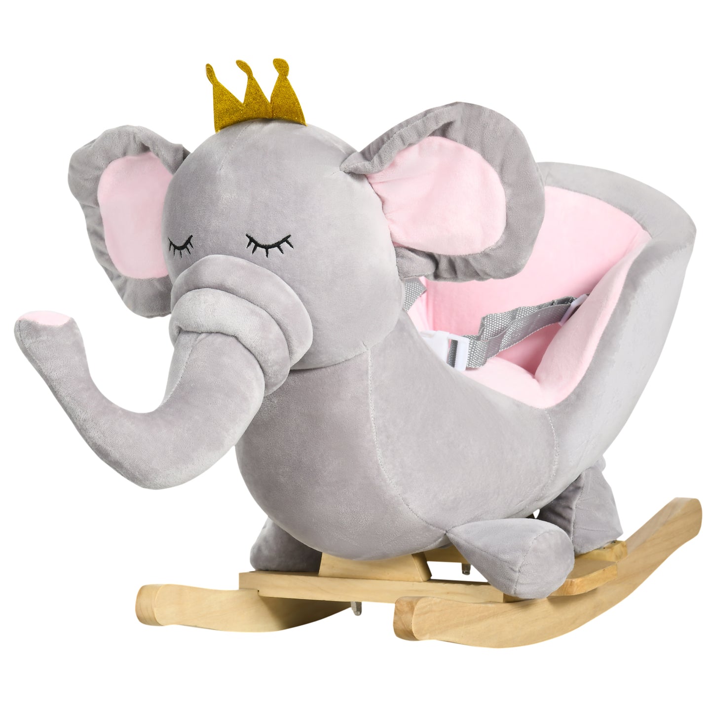 Baby Rocking Horse Elephant - Wooden Rocker with Sound & Safety Belt (Gray)