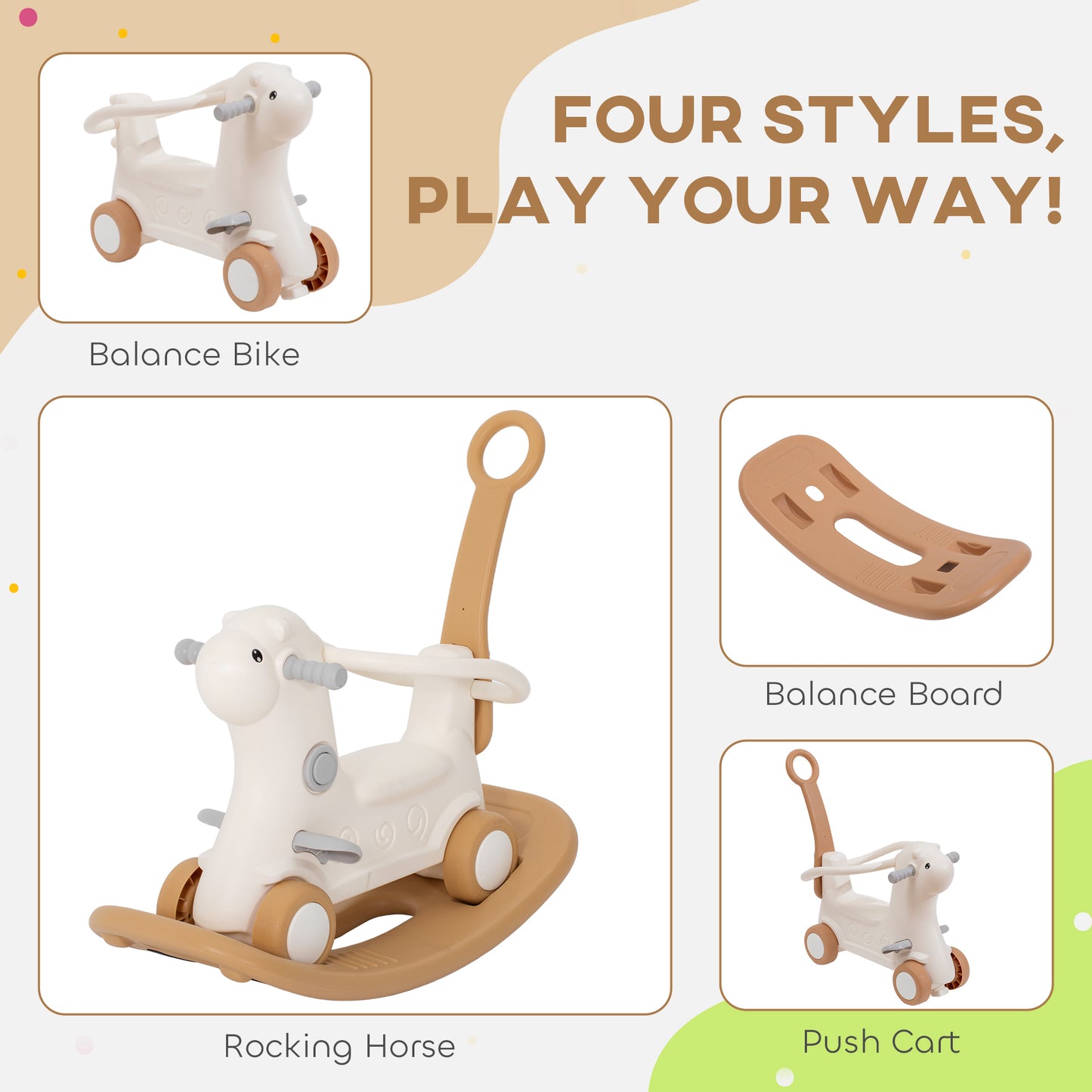 4-in-1 Rocking Horse - Detachable Balance Board & Push Handle (Brown, Ages 1-3)