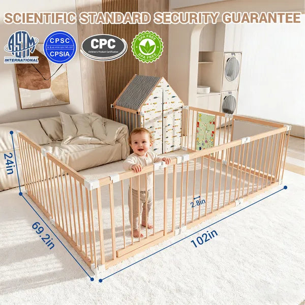 Natural Wood Baby Playpen - 10 Panel Foldable Play Yard with Toys