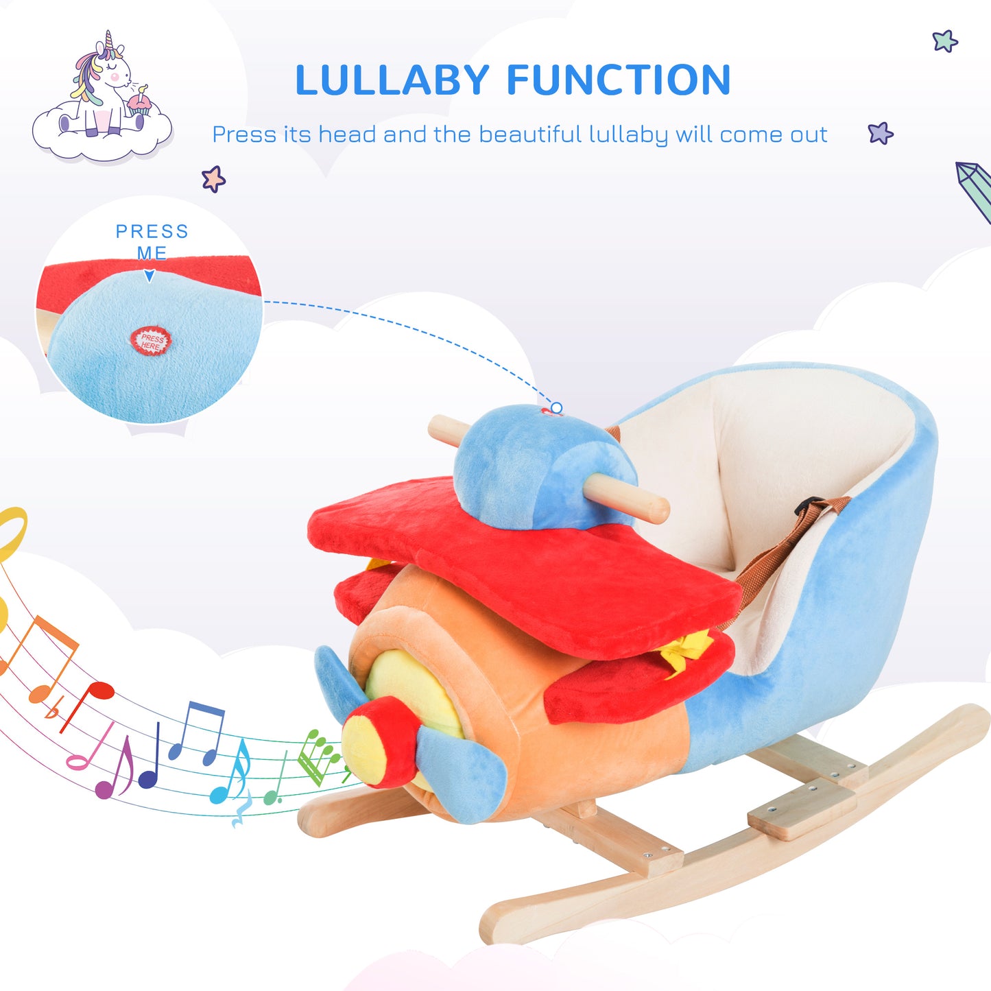 Kids Rocking Horse - Wooden Plush Plane Chair with Lullaby & Seat Belt (18 Months+)