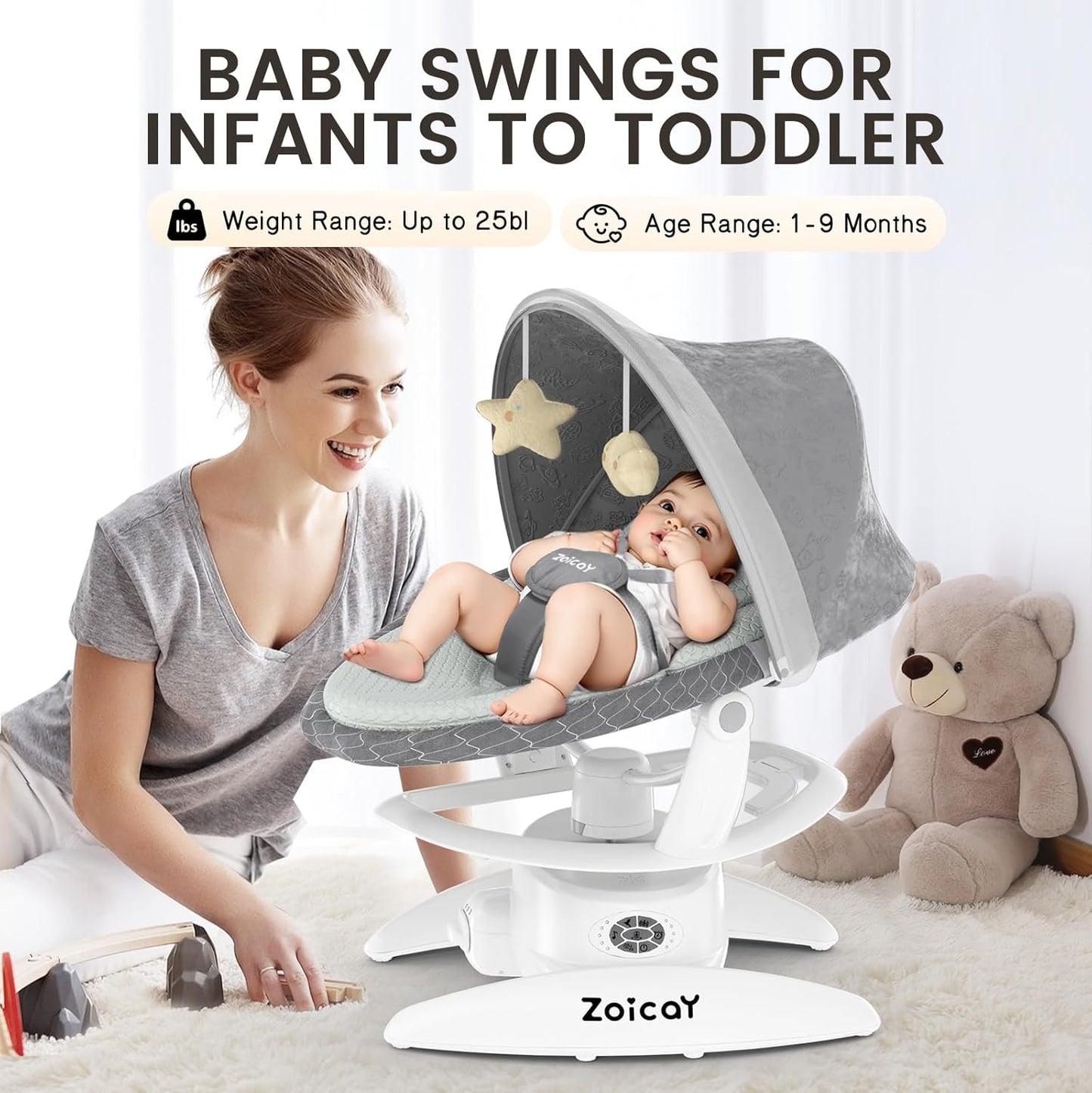 Electric Baby Swing with Motion Detection - 3 Modes, 12 Lullabies, 5 Speeds