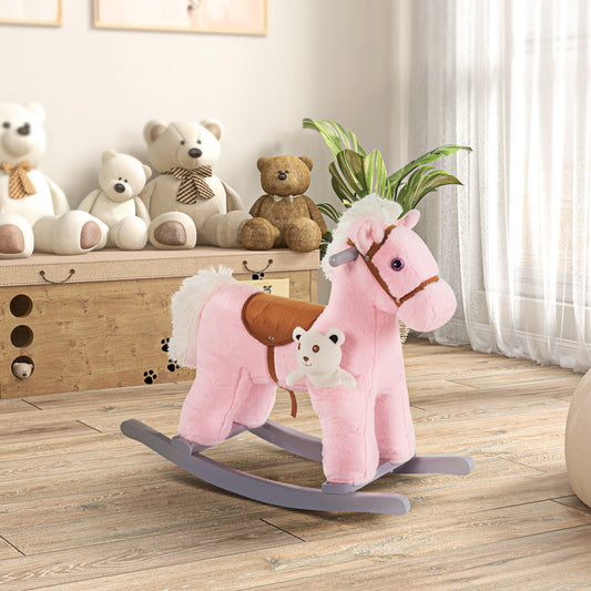 Kids Plush Ride-On Rocking Horse - Pink Bear with Realistic Sounds