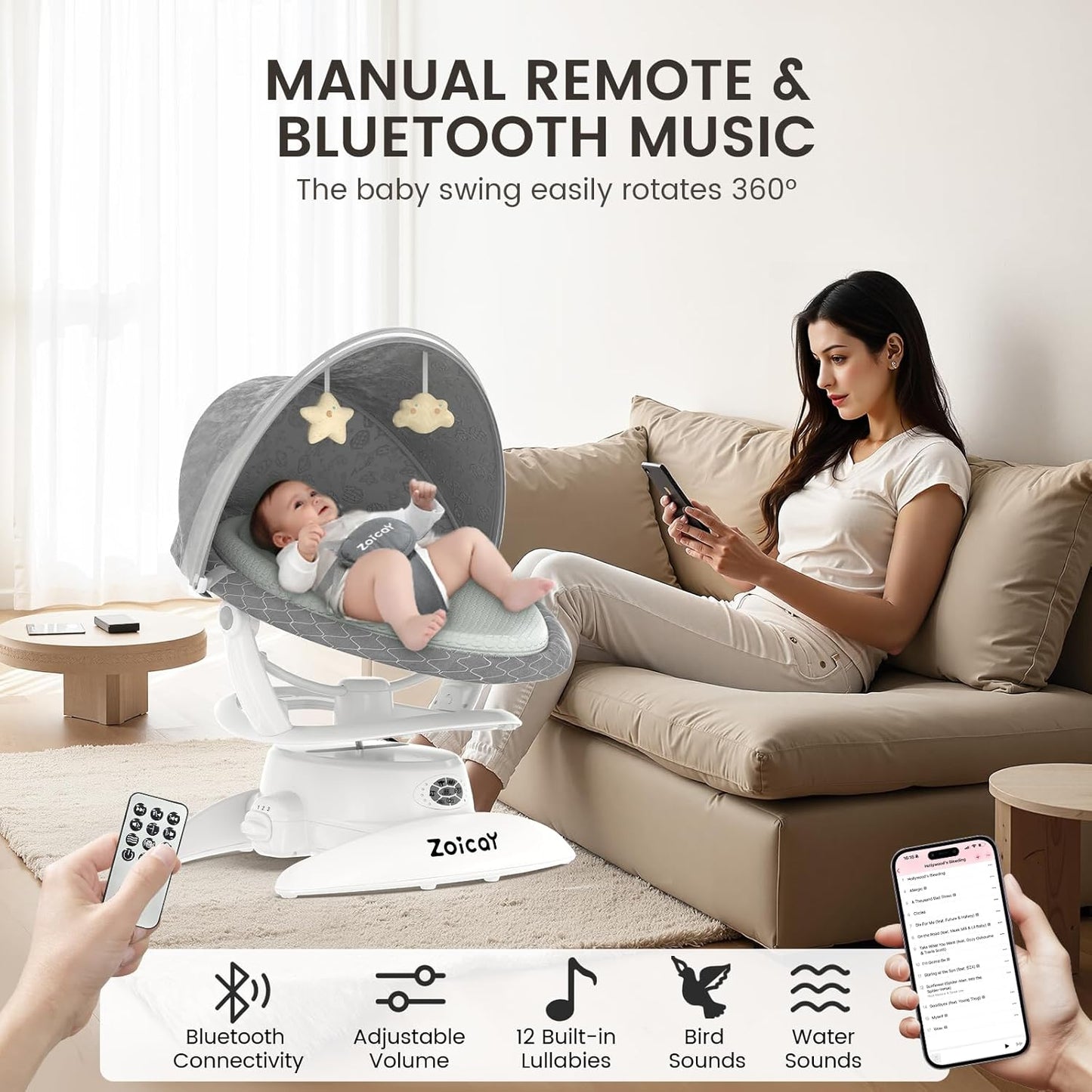 Electric Baby Swing with Motion Detection - 3 Modes, 12 Lullabies, 5 Speeds