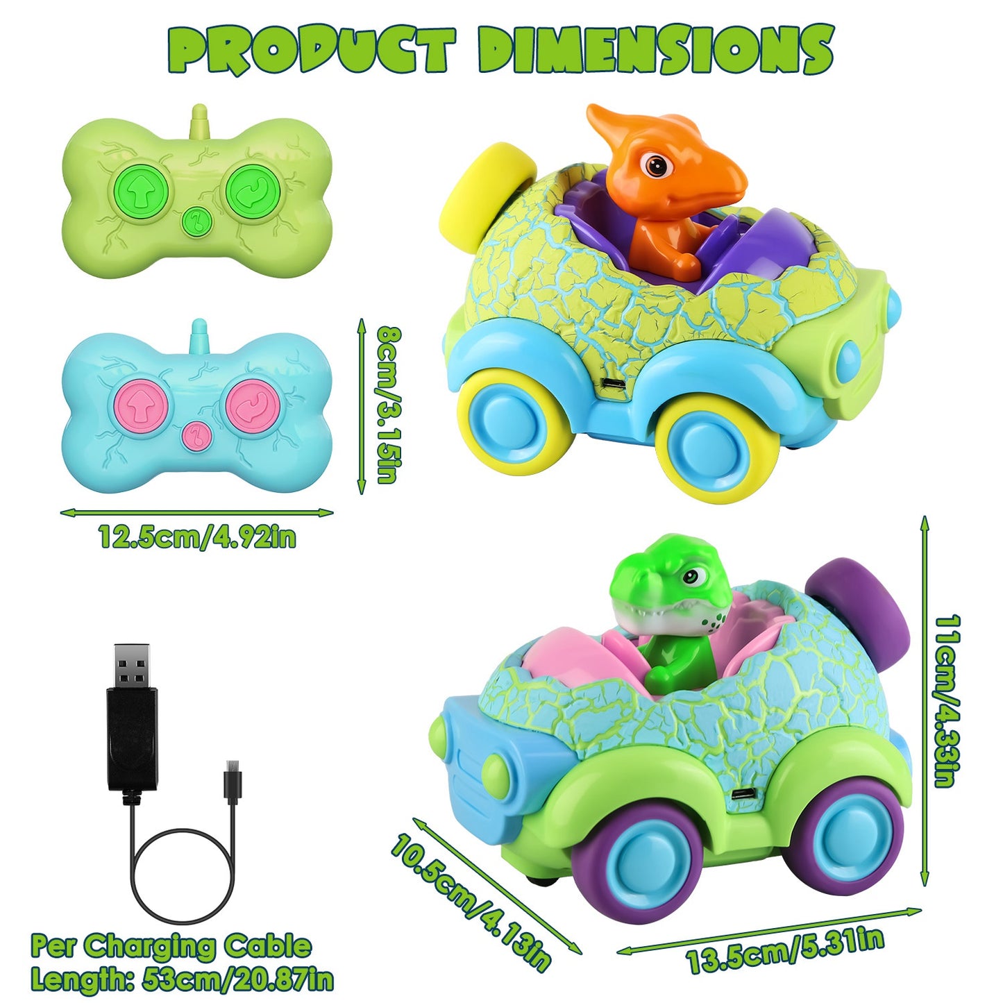 2-Pack Dinosaur RC Cars - Rechargeable Remote Control Cars with Lights & Music