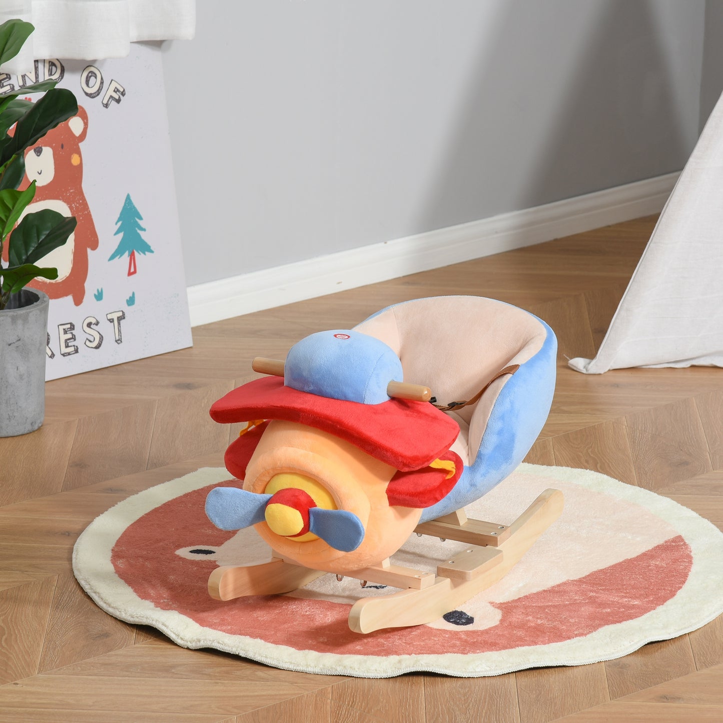 Kids Rocking Horse - Wooden Plush Plane Chair with Lullaby & Seat Belt (18 Months+)