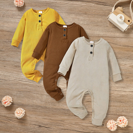 3-Pack Newborn Ribbed Romper - Long Sleeve Button Front Jumpsuit