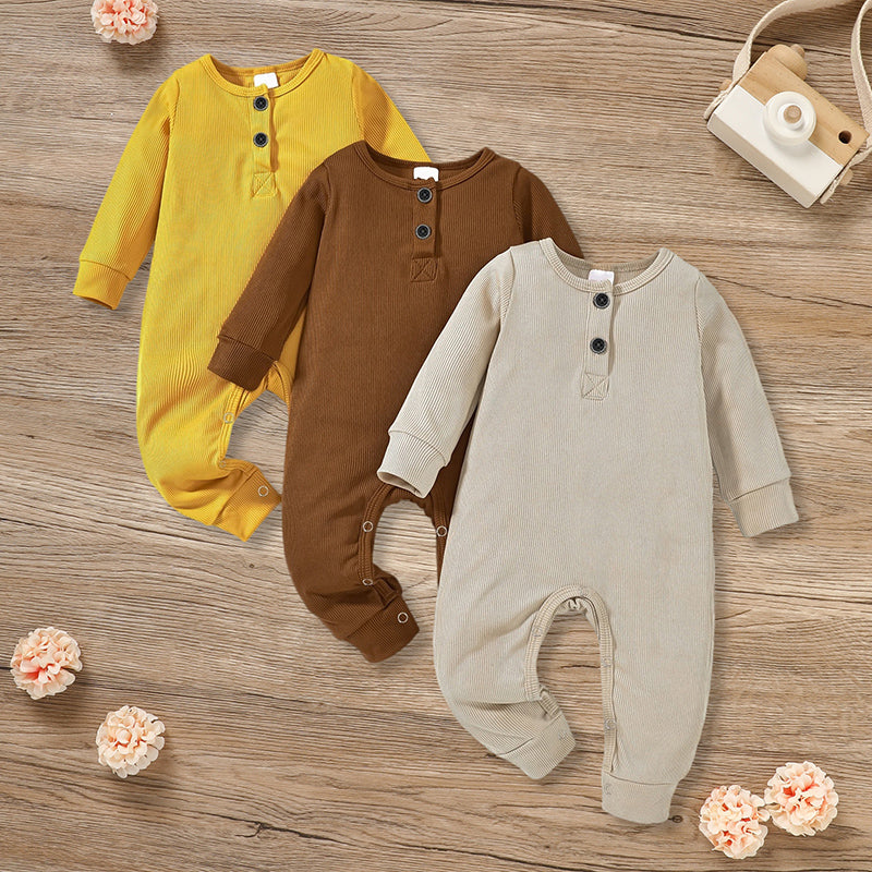 3-Pack Newborn Ribbed Romper - Long Sleeve Button Front Jumpsuit