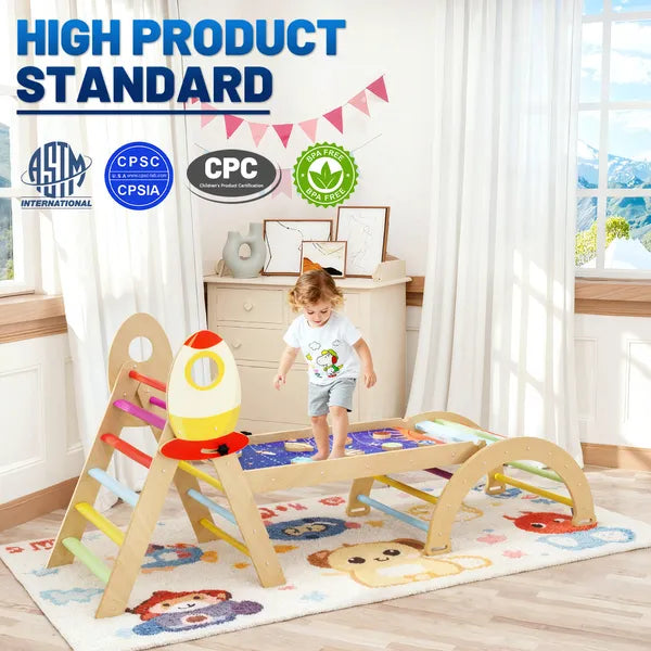7-in-1 Foldable Montessori Climbing Triangle Set - Wooden Play Gym