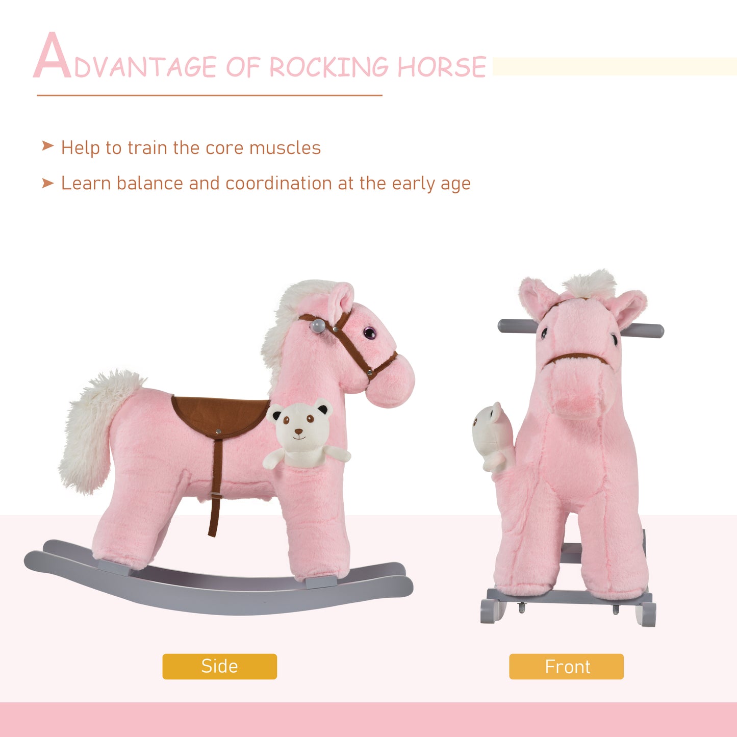 Kids Plush Ride-On Rocking Horse - Pink Bear with Realistic Sounds