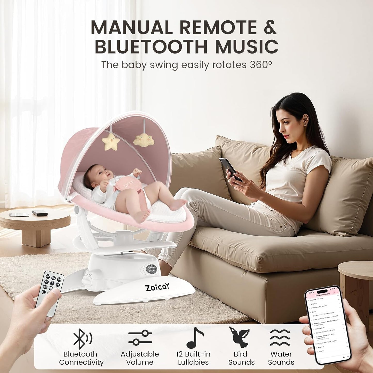 Electric Baby Swing with Motion Detection - 3 Modes, 12 Lullabies, 5 Speeds