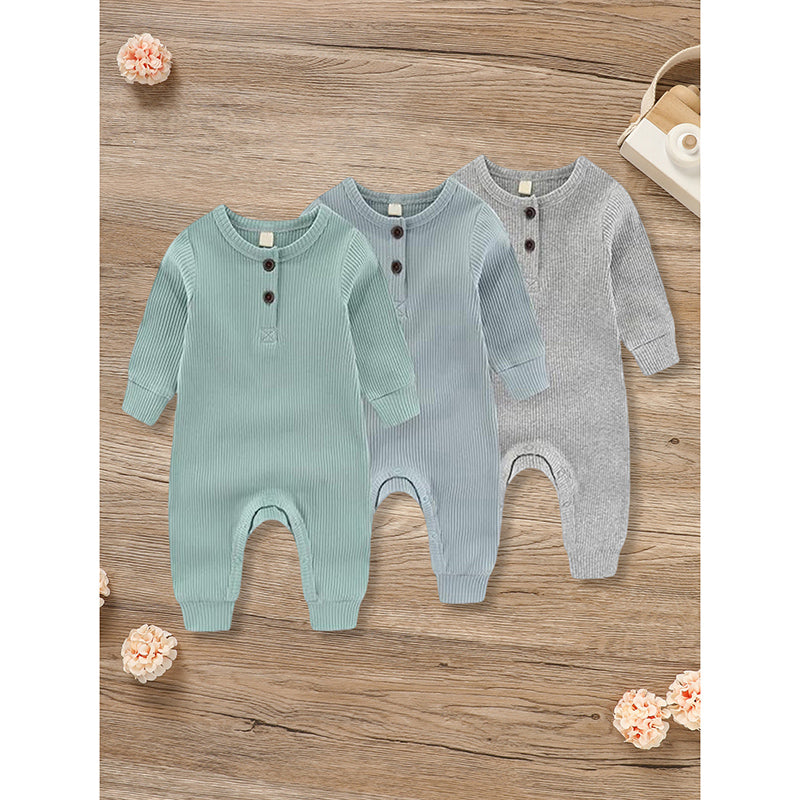 3-Pack Newborn Ribbed Romper - Long Sleeve Button Front Jumpsuit