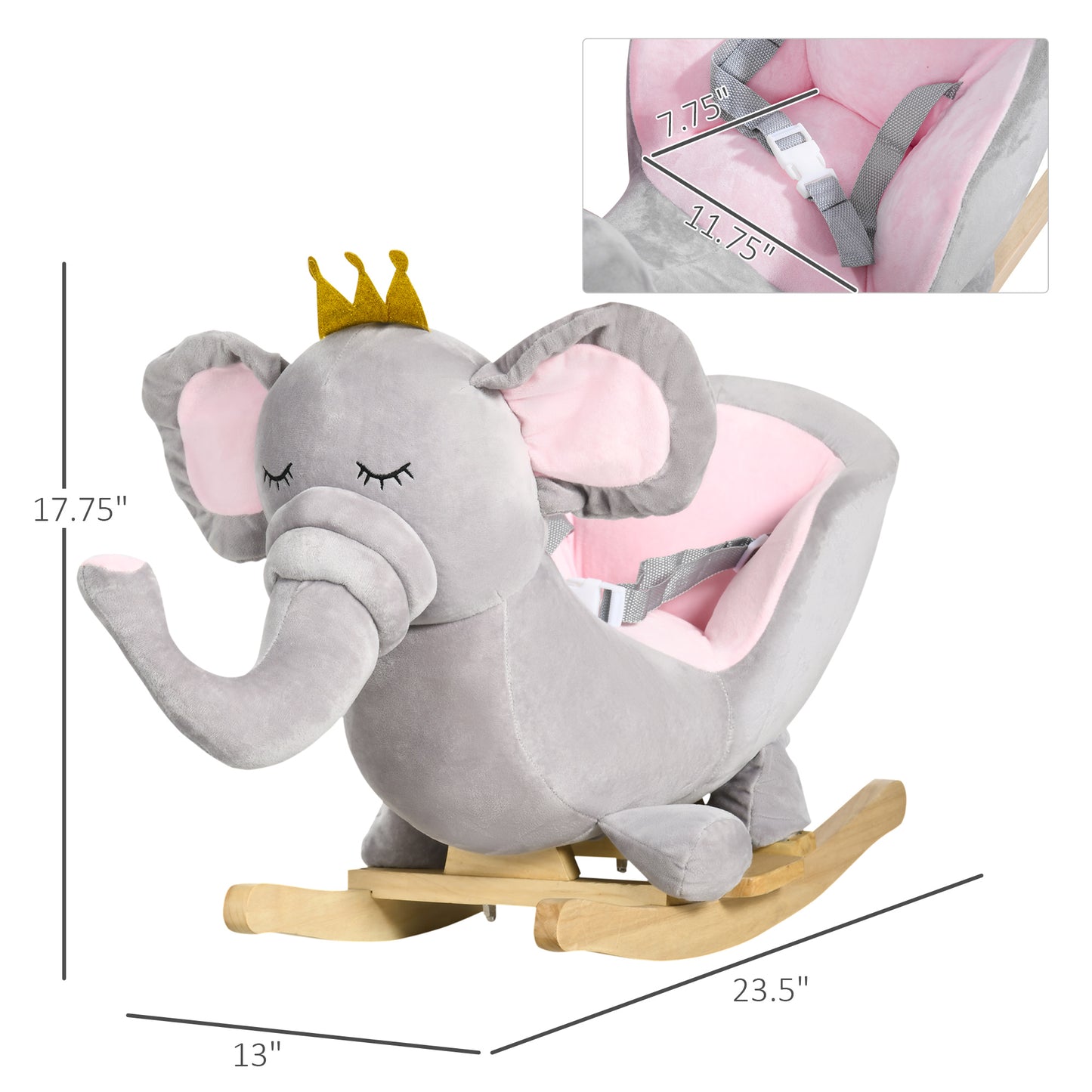 Baby Rocking Horse Elephant - Wooden Rocker with Sound & Safety Belt (Gray)
