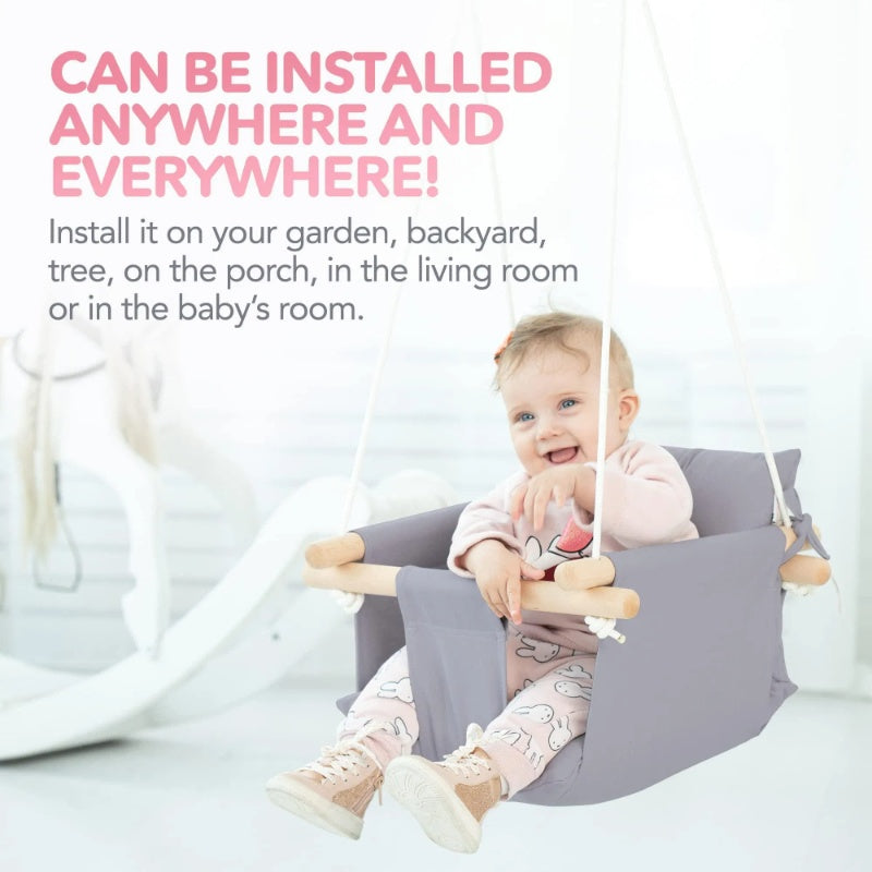 Canvas Baby Swing - Wooden Hanging Swing Seat with Safety Belt (Taupe Gray)