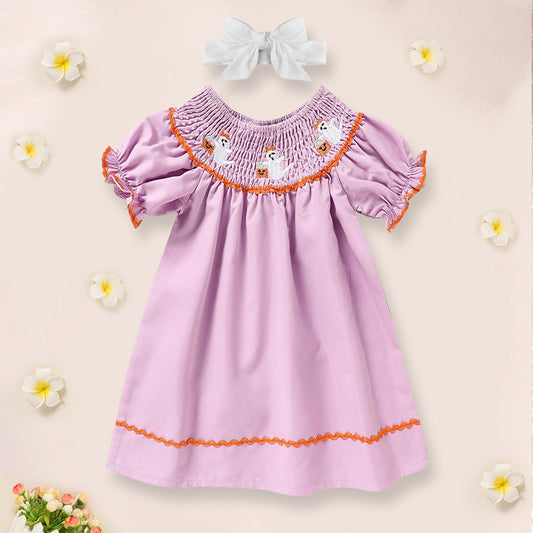 Baby Girl Halloween Dress - Ghost Embroidery Dress with Headband