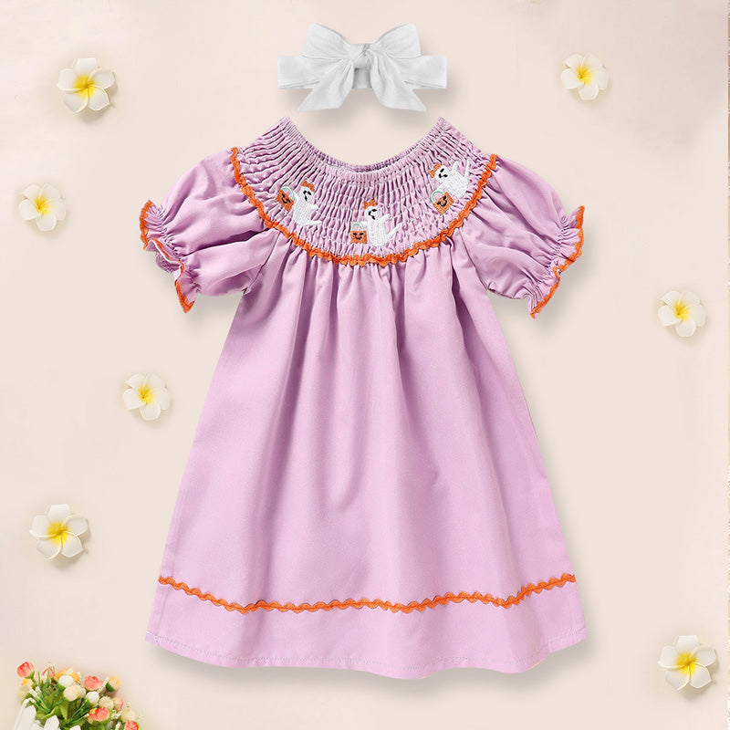 Baby Girl Halloween Dress - Ghost Embroidery Dress with Headband