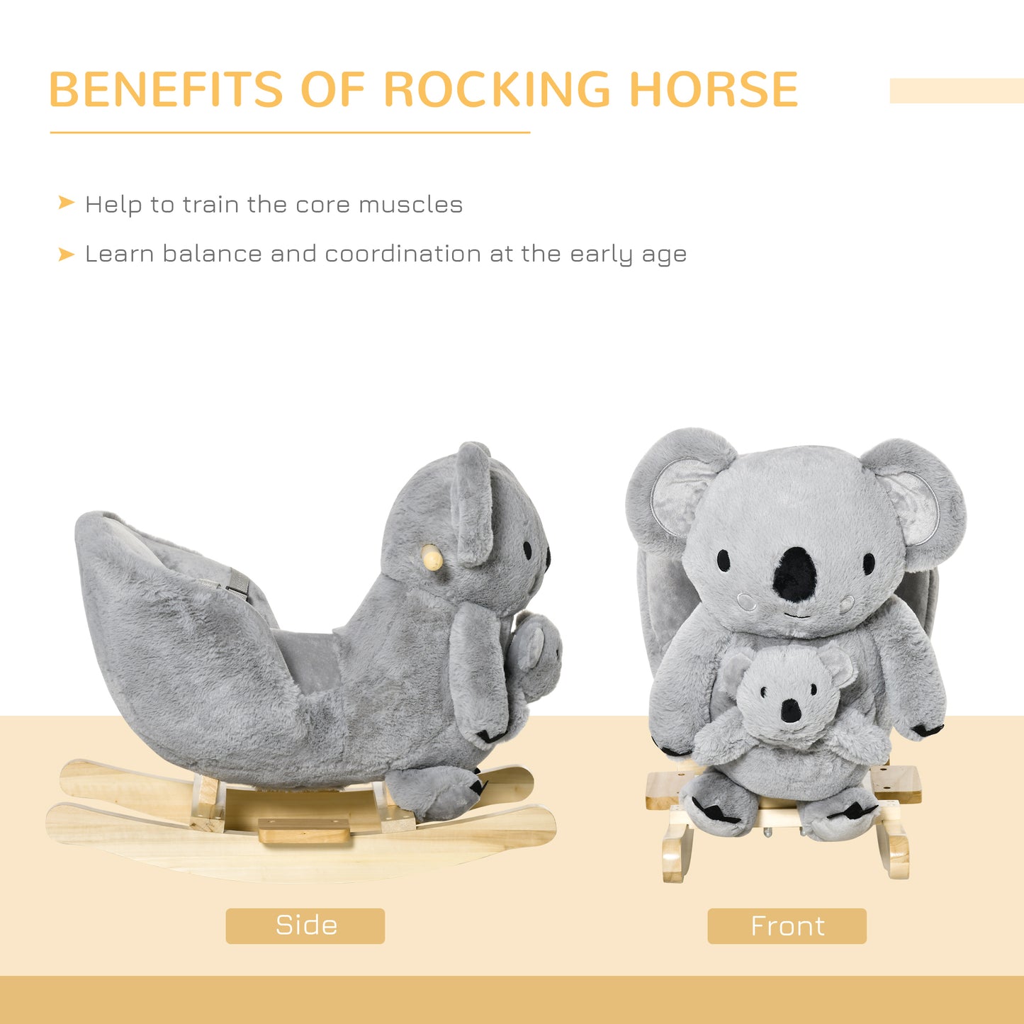 Kids Ride-On Rocking Horse - Koala-Shaped Rocker with Sounds (Gray, Ages 18-36 Months)