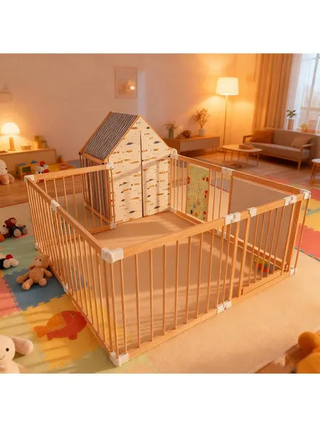 Natural Wood Baby Playpen - 10 Panel Foldable Play Yard with Toys