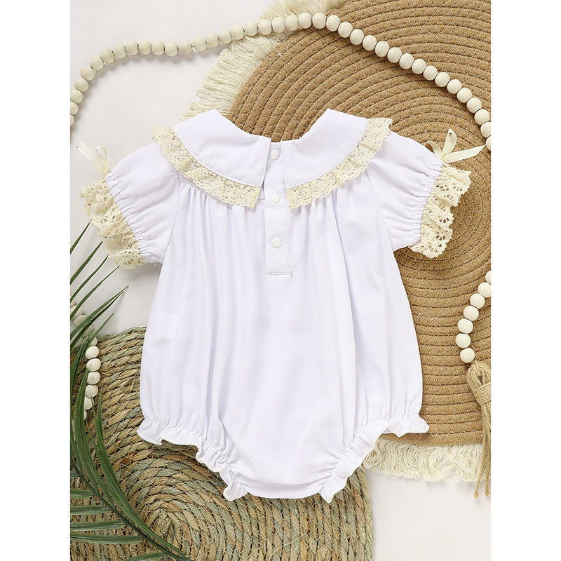 Baby Girl White Lace Romper - Soft Short Sleeve Bubble Jumpsuit