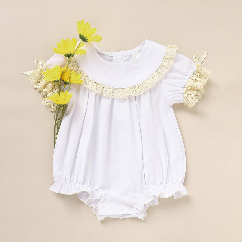 Baby Girl White Lace Romper - Soft Short Sleeve Bubble Jumpsuit