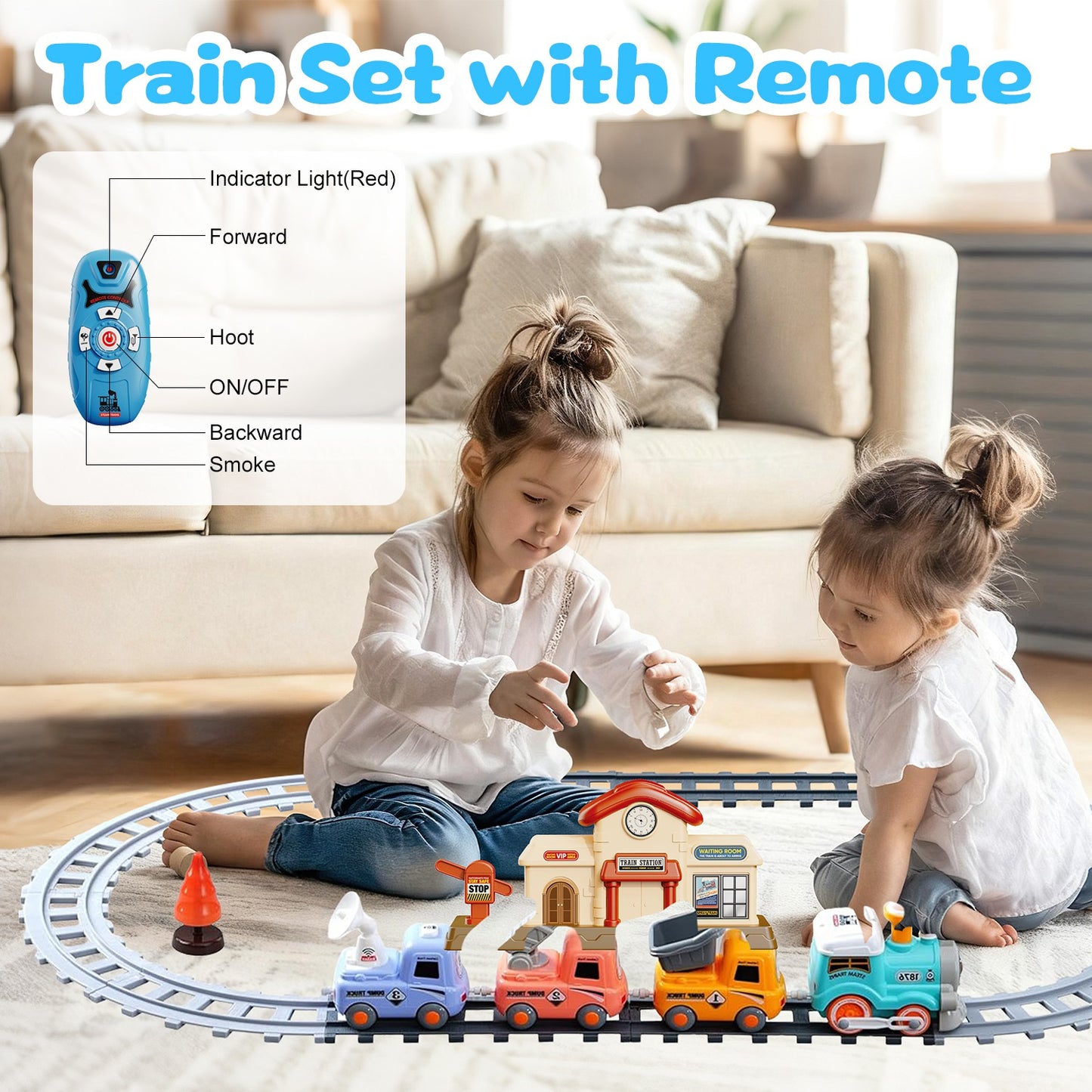 Electric Train Set with Smoke, Light & Sound - Magnetic Locomotive Toy