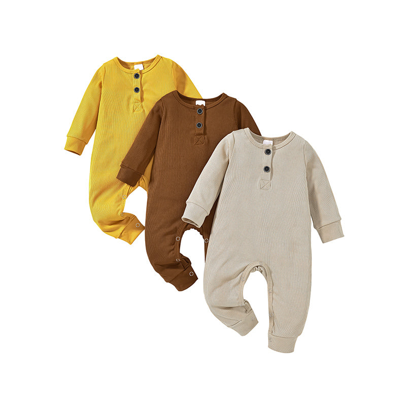 3-Pack Newborn Ribbed Romper - Long Sleeve Button Front Jumpsuit