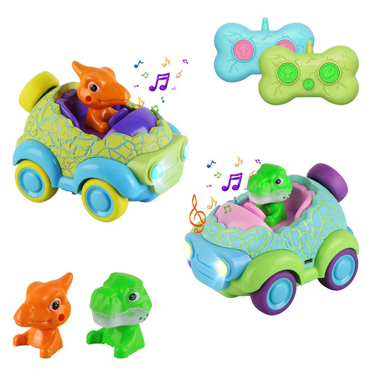 2-Pack Dinosaur RC Cars - Rechargeable Remote Control Cars with Lights & Music