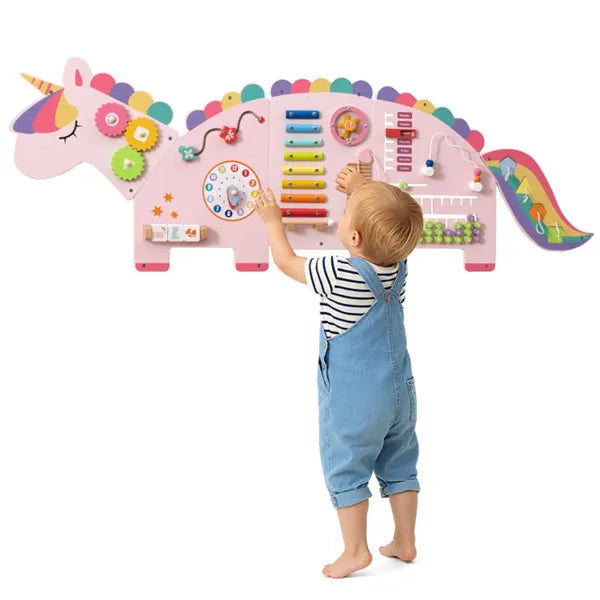 11-in-1 Dinosaur Busy Board - Wooden Sensory Activity Panel (Pink)
