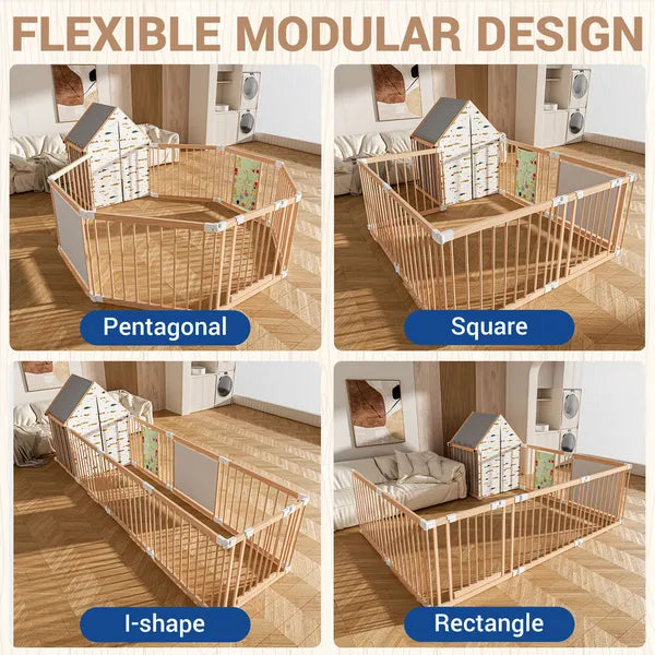 Natural Wood Baby Playpen - 10 Panel Foldable Play Yard with Toys