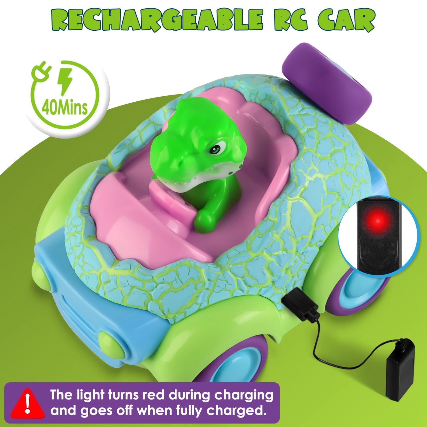 2-Pack Dinosaur RC Cars - Rechargeable Remote Control Cars with Lights & Music