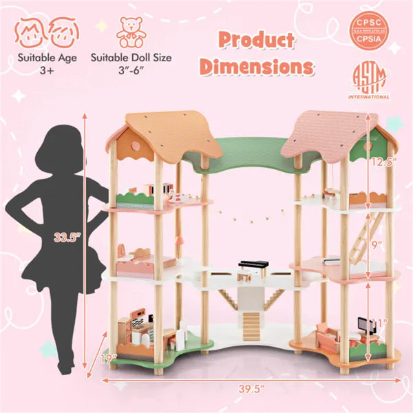 3-Tier Wooden Dollhouse with 7 Rooms & 31 Furniture Pieces