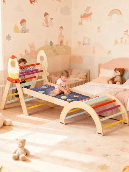 7-in-1 Foldable Montessori Climbing Triangle Set - Wooden Play Gym